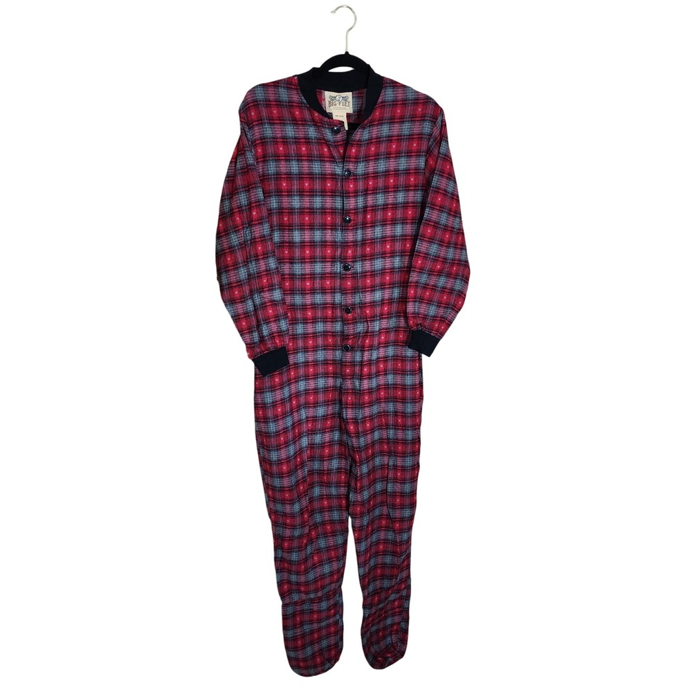 Big Feet Pajama Co Red Plaid Heart Cotton Flannel Footed Sleeper Drop Seat XS